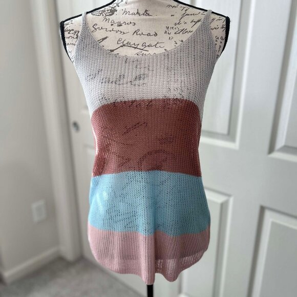 Women's Locked Stitched Colorful Striped Grey, Brown, Turquoise & Pink Tank Top - Picture 1 of 6